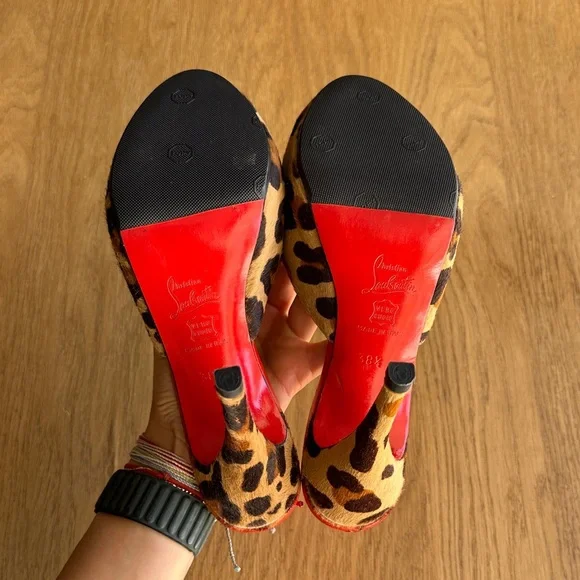 Christian Louboutin Leopard Print Peep-Toe Mules with Red Insole - Picture 5 of 8